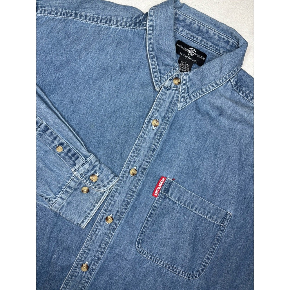 Vintage‎ Bugs Bunny Denim Button Down Shirt Mens Large Looney Tunes Embroidered
